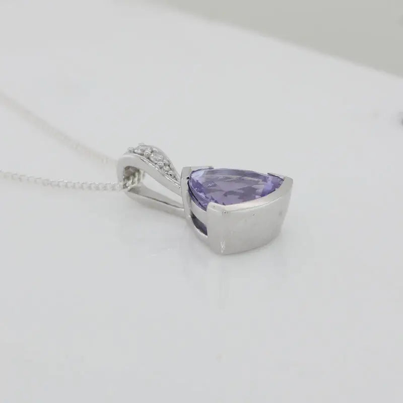 9 Carat White Gold Tanzanite Trilliant Cut and Laboratory Diamond Pendant 