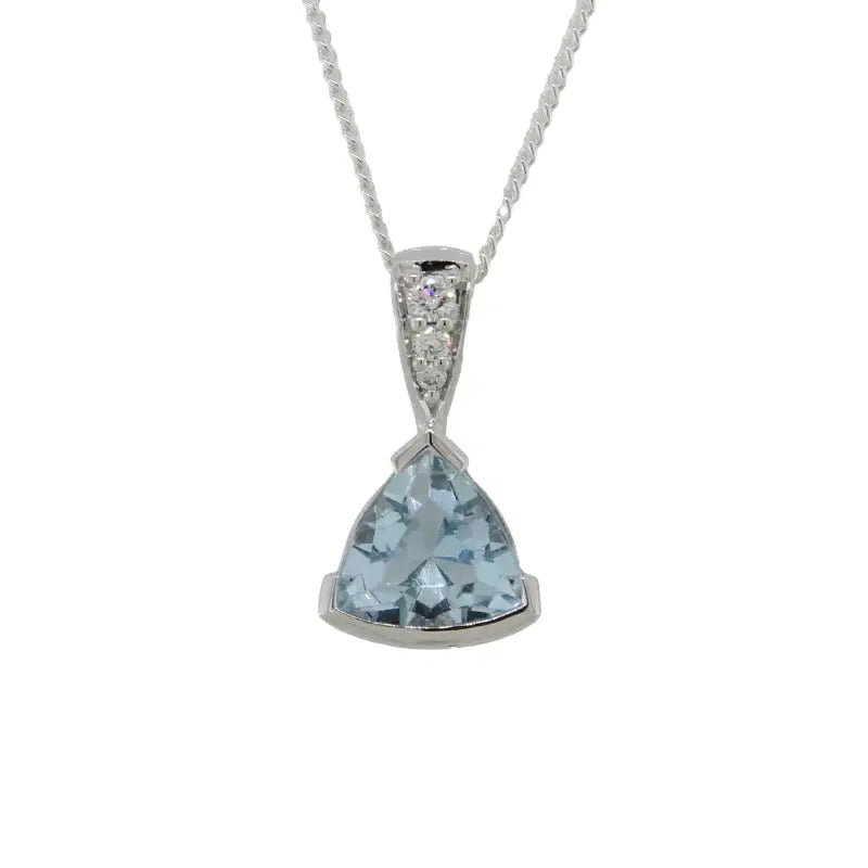 9 Carat White Gold Trilliant Aquamarine & Diamond Fixed Bail Pendant