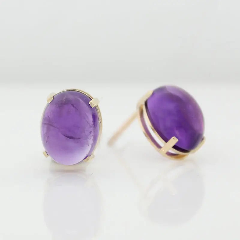 9 Carat Yellow Gold 10x8mm Cabochon Amethyst Studs