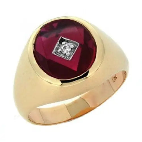9 carat Yellow Gold 12x10mm Synth Ruby & Diamond Gents Ring