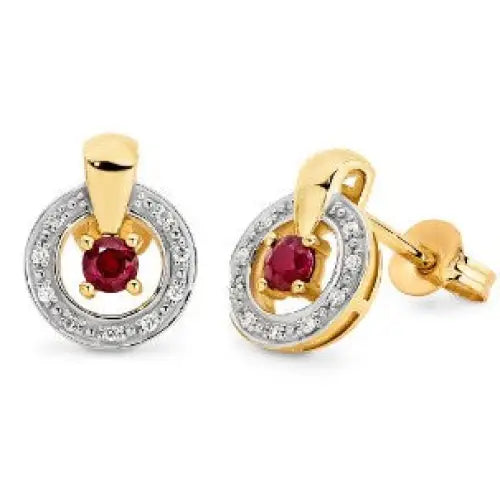 9 Carat Yellow Gold 3mm Ruby Diamond .36ct Earrings