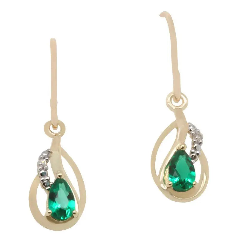 9 Carat Yellow Gold 4 x 3mm Pear Created Emerald & Diamond Drop Earrings