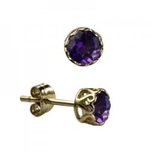 9 Carat Yellow Gold 5mm Amethyst Filigree Bezel Stud Earrings