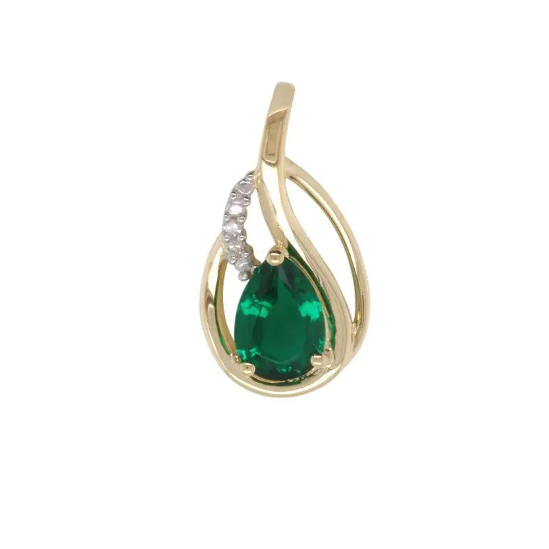 9 Carat Yellow Gold 6.5 x 5.5mm Pear Created Emerald & Diamond Pendant