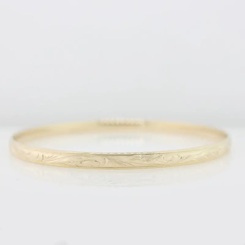 9 Carat Yellow Gold 65mm Internal Diameter Hand Engraved Bangle