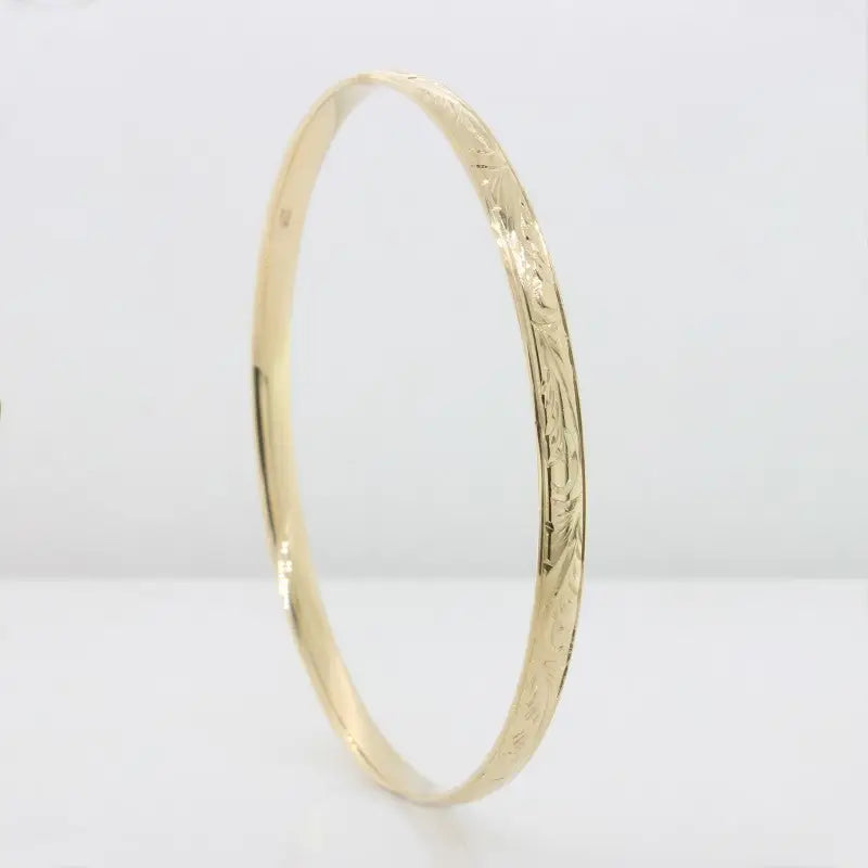 9 Carat Yellow Gold 65mm Internal Diameter Hand Engraved Bangle