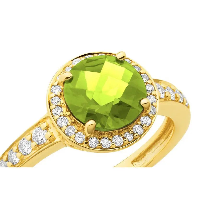 9 Carat Yellow Gold 7.5mm Peridot Diamond 32=0.26ct Halo Dress Ring