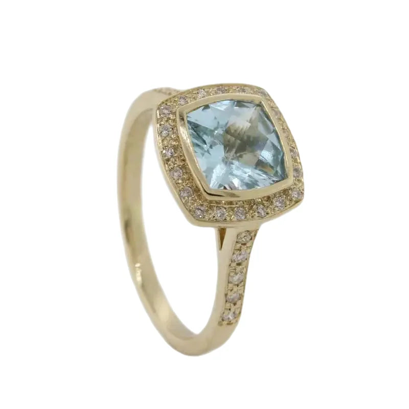 9 Carat Yellow Gold 7mm Blue Topaz Diamond Halo Dress Ring