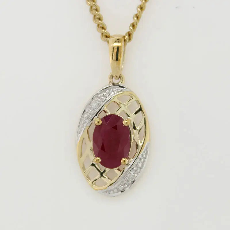 9 Carat Yellow Gold 7x5mm Oval Ruby & Diamond Pendant Total Diamond Weight 0.01 carat