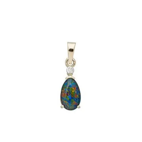 9 Carat Yellow Gold  8x5mm Pear Shaped Triplet Opal And Diamond Pendant