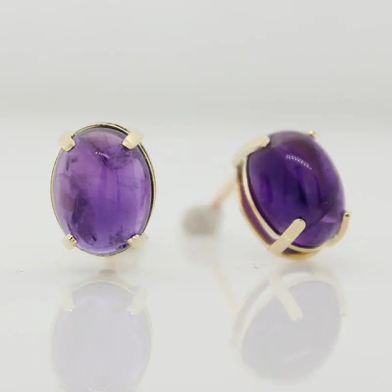 9 Carat Yellow Gold Amethyst Cabochon 9x7mm Oval Stud Earrings