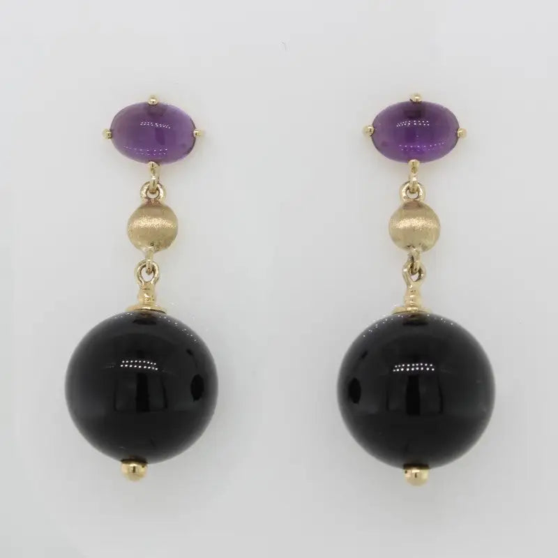 9 carat Yellow Gold Amethyst & Onyx Drop Stud Earrings