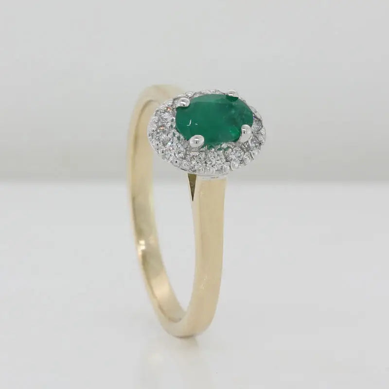 9 Carat Yellow Gold Band White Gold Cluster Setting with 6x4mm Oval Emerald & 12 x 0.015 Carat Round Brilliant Cut Diamonds - Ring O1/2