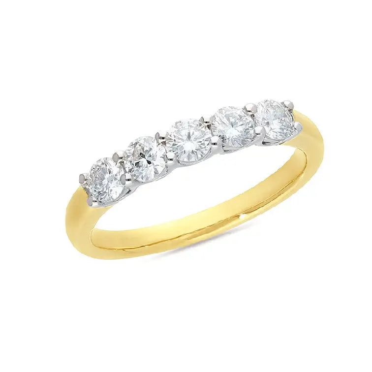 9 Carat Yellow Gold Band, White Gold Settings Set with 5 x 0.15 carat Laboratory Grown Diamonds Size O Ring