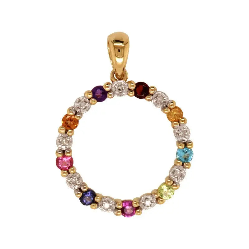 9 Carat Yellow Gold Diamond, Amethyst, Citrine, Iolite, Peridot, Blue Topaz, Garnet & Pink Tourmaline Circle pendant