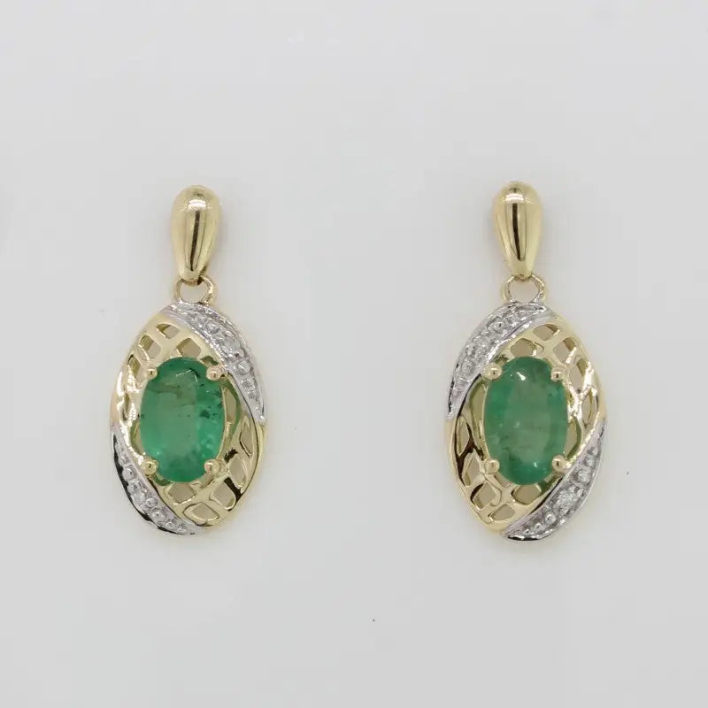 9 Carat Yellow Gold Emerald & Diamond Stud Drop Earrings 