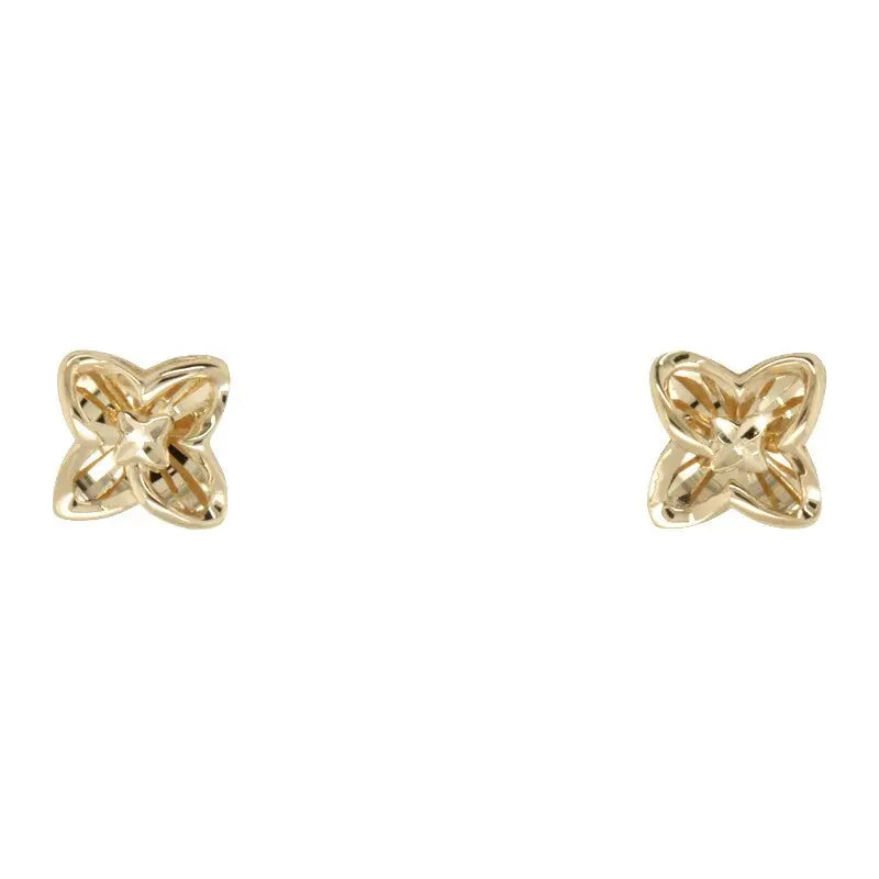 9 Carat Yellow Gold Four Petal Flower Stud Earrings