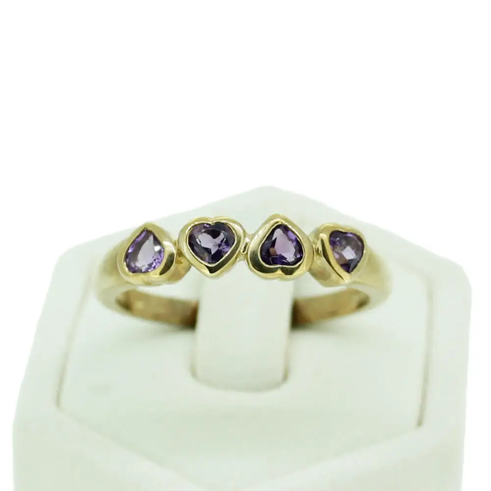 9 Carat Yellow Gold Four x 3mm Amethyst Heart Ring Size N