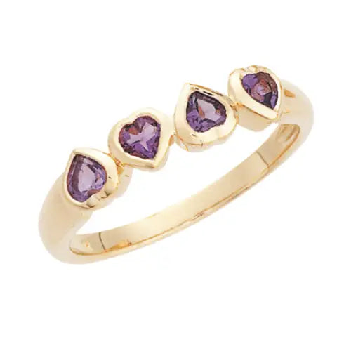 9 Carat Yellow Gold Four x 3mm Amethyst Heart Ring Size N