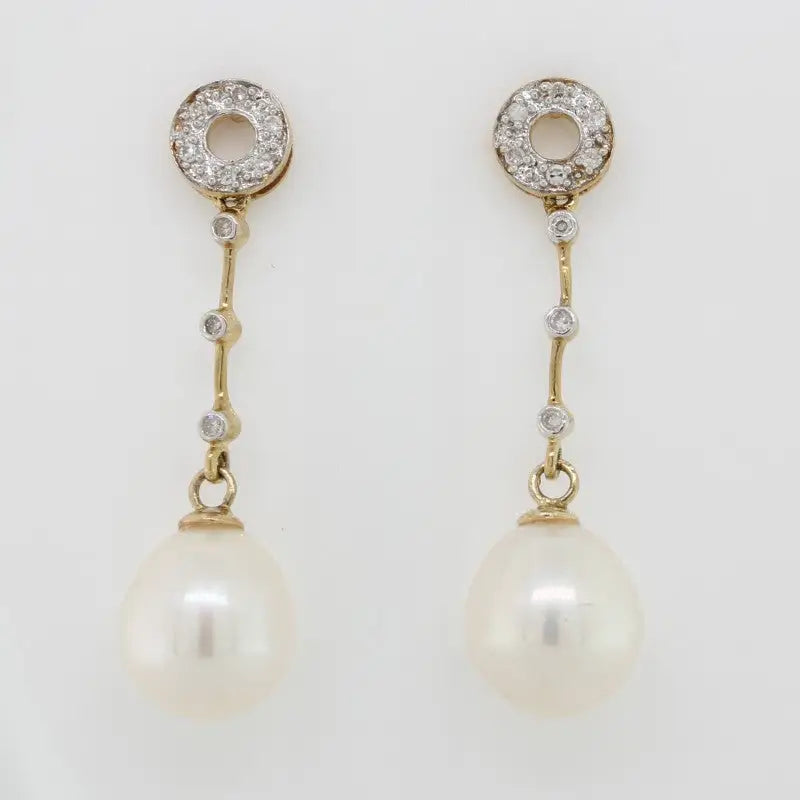 9 Carat Yellow Gold Fresh Water Pearl & Diamond Earrings
