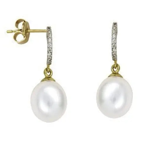 9 Carat Yellow Gold Fresh Water Pearl with Cubic Zirconia Set  Drop Stud Earrings