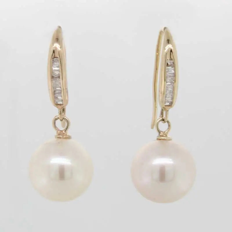 9 Carat Yellow Gold Freshwater Pearl & Diamond Drop Earrings