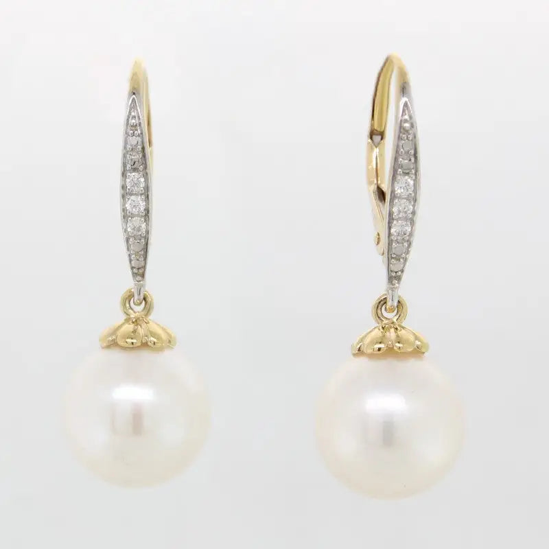 9 Carat Yellow Gold Freshwater Pearl White 10-10.5mm & Diamond Drop Earrings 3