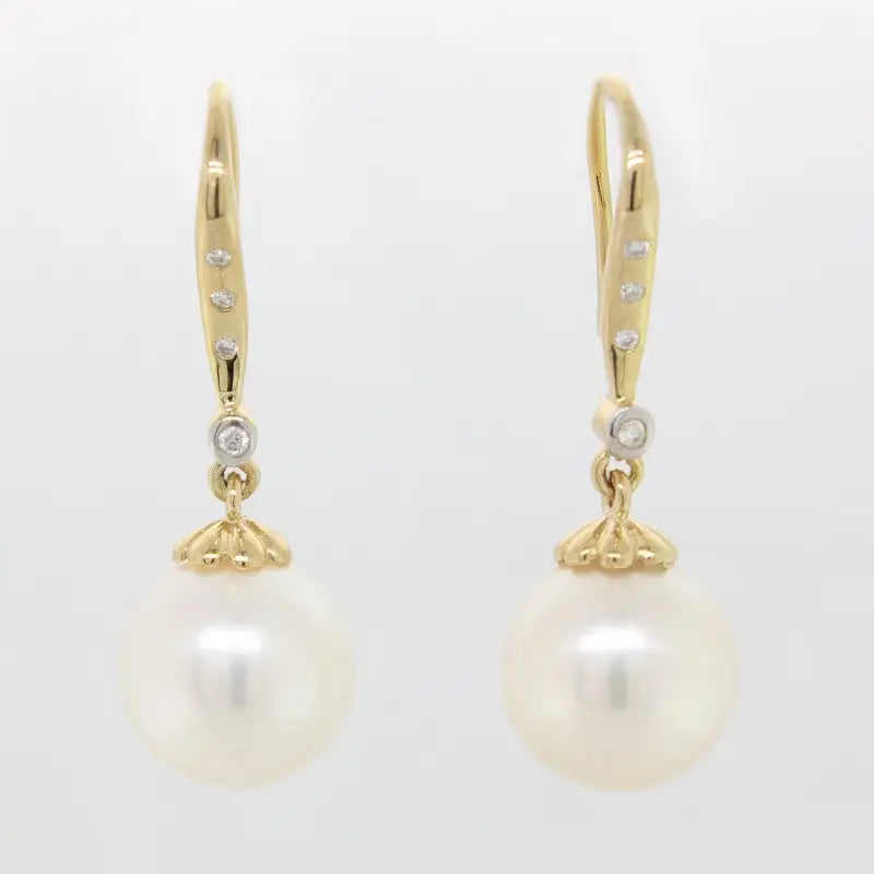 9 Carat Yellow Gold Freshwater Pearl White 10-10.5mm & Diamond Drop Earrings 2