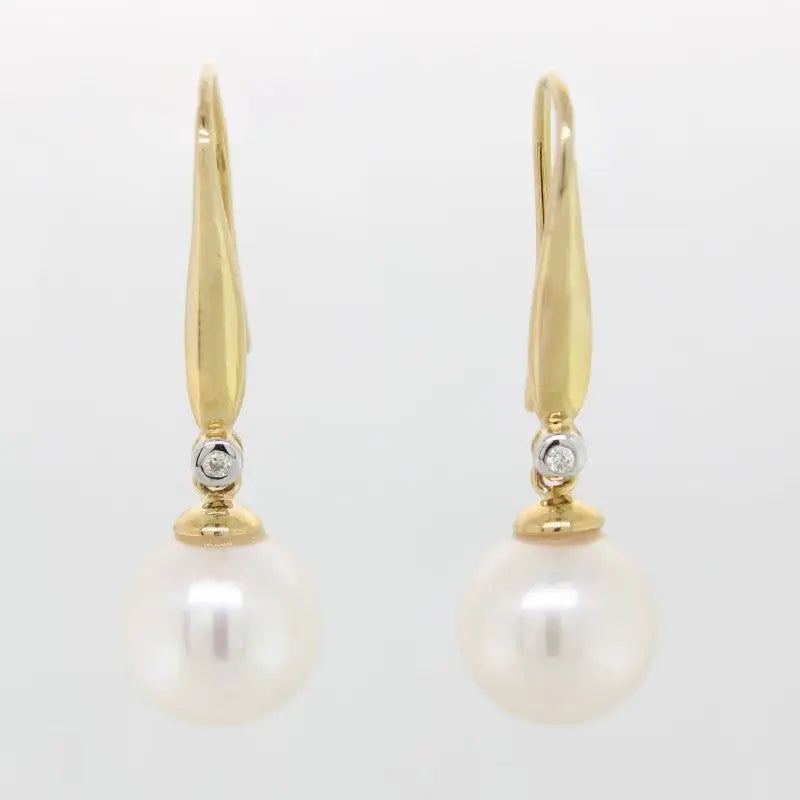 9 Carat Yellow Gold Freshwater Pearl White 10-10.5mm & Diamond Drop Earrings