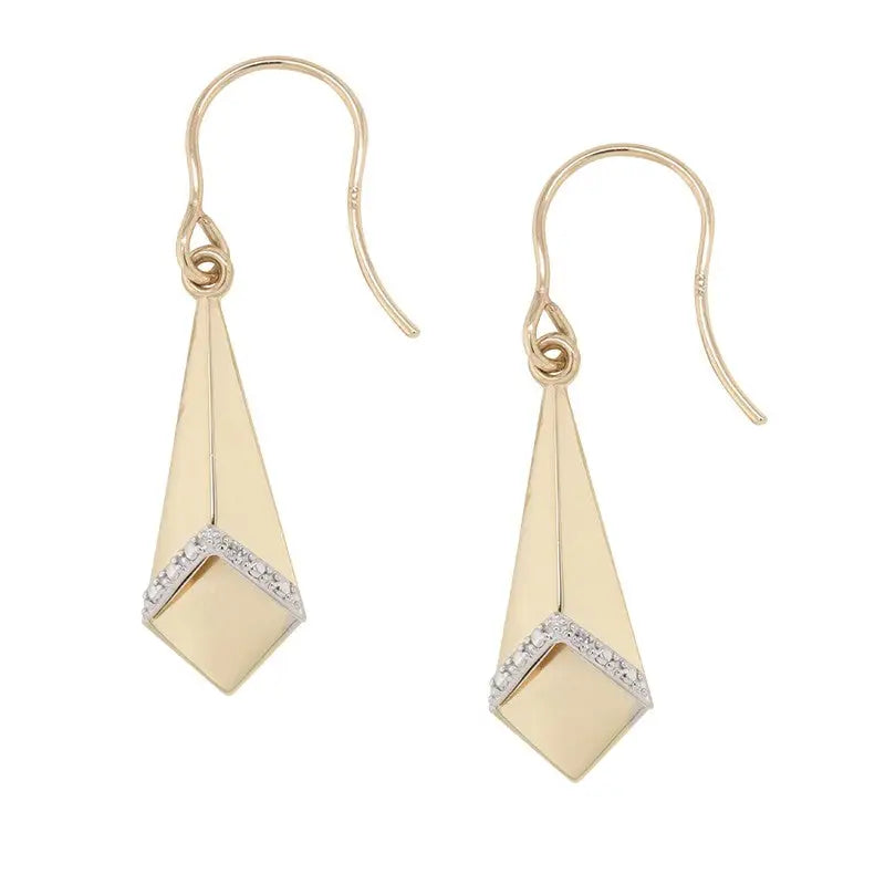 9 Carat Yellow Gold Geometric Shaped Diamond Set  0.02 Carat Shepherd Hook Earrings