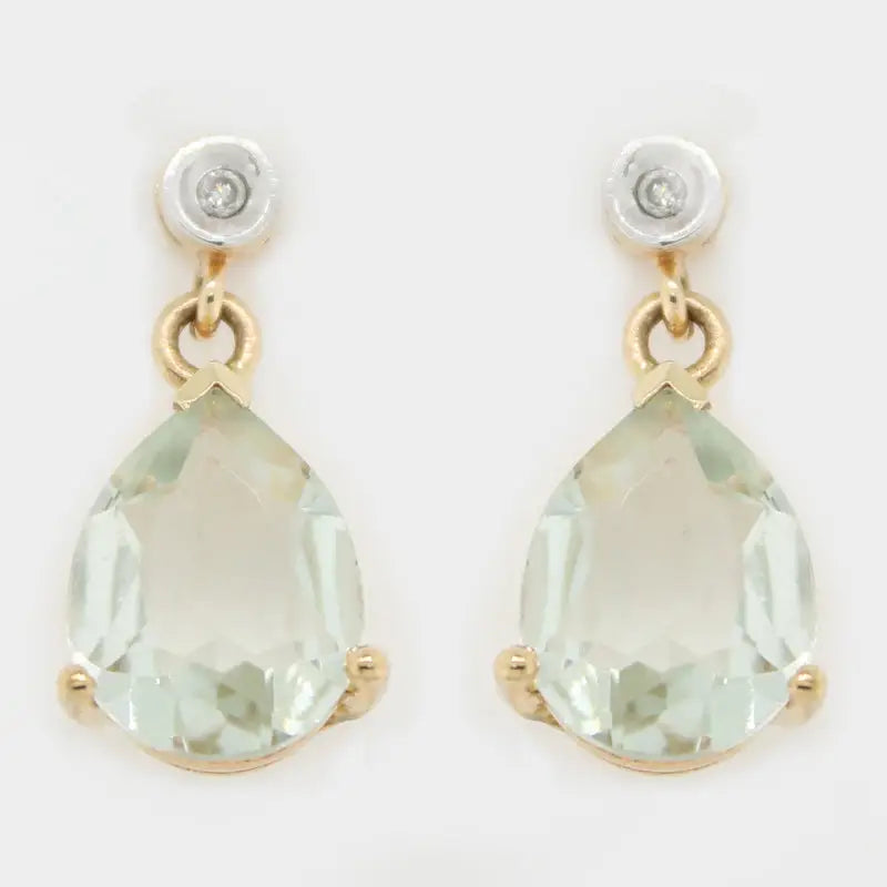 9 Carat Yellow Gold  Green Amethyst Diamond Drop Earrings