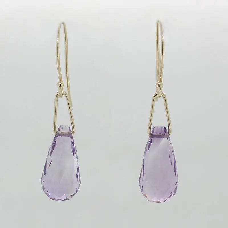 9 Carat Yellow Gold Handmad Amethyst Briolette 16 x 8mm 12.88 Carat Drop Earrings