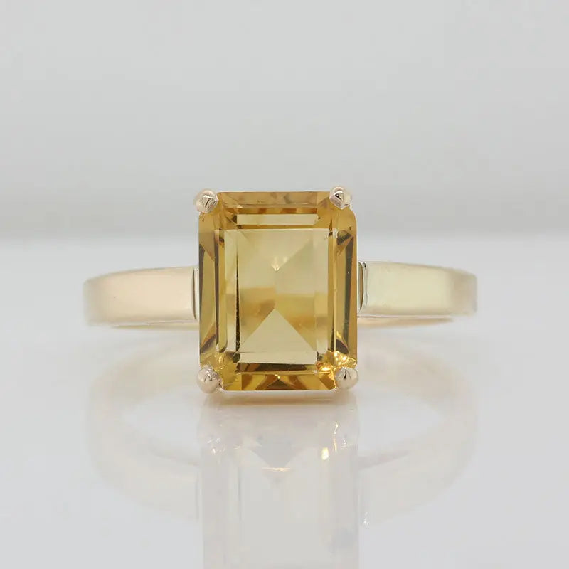 9 Carat Yellow Gold Handmade 10mm x 8mm Emerald Cut Citrine (3.18 carat) Four-Claw Set Ring Size R1/2