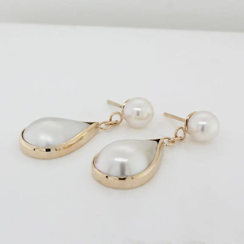 9 Carat Yellow Gold Handmade 7.80mm Akoya Studs with 19.30mm x 12.50mm Pear Shape Mabe Pearl Drop Earrings