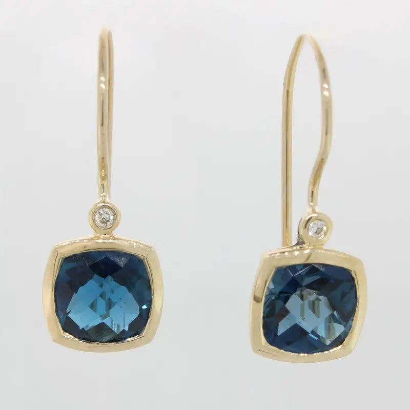 9 carat Yellow Gold London Blue Topaz & Diamond S/Hook Drop Earrings