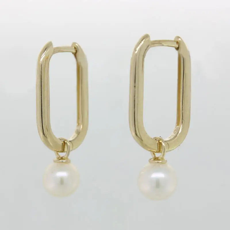 9 Carat Yellow Gold Oval Hoop Earrings with Fresh Water Pearl Drop