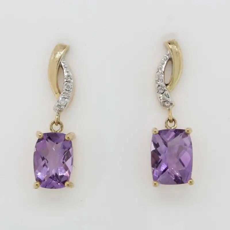 9 Carat Yellow Gold Oval Shaped Amethyst & Diamond Stud Drop Earrings