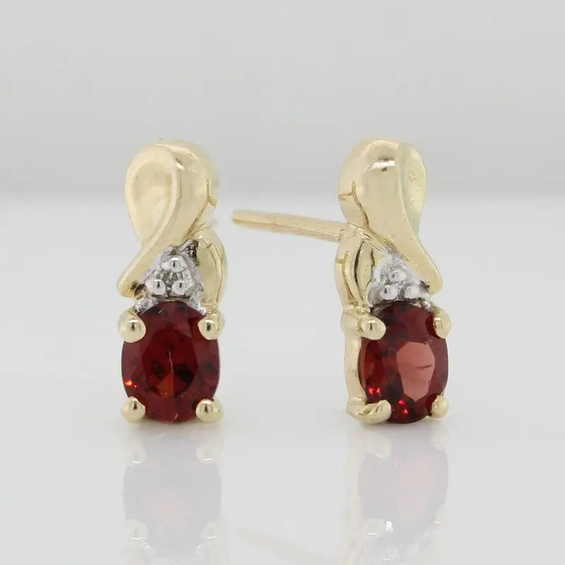 9 Carat Yellow Gold Oval Shaped Garnet & Diamond Stud Drop Earrings