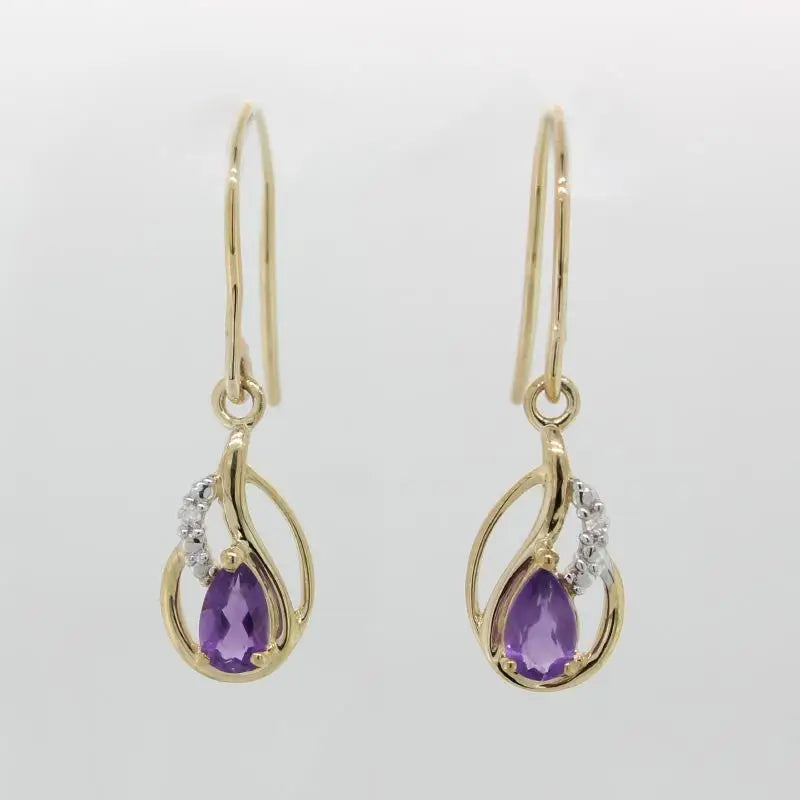 9 Carat Yellow Gold  Pear Shape Amethyst & Diamond Drop Earrings Total Diamond Weight 0.01 carat with Shepherd Hooks