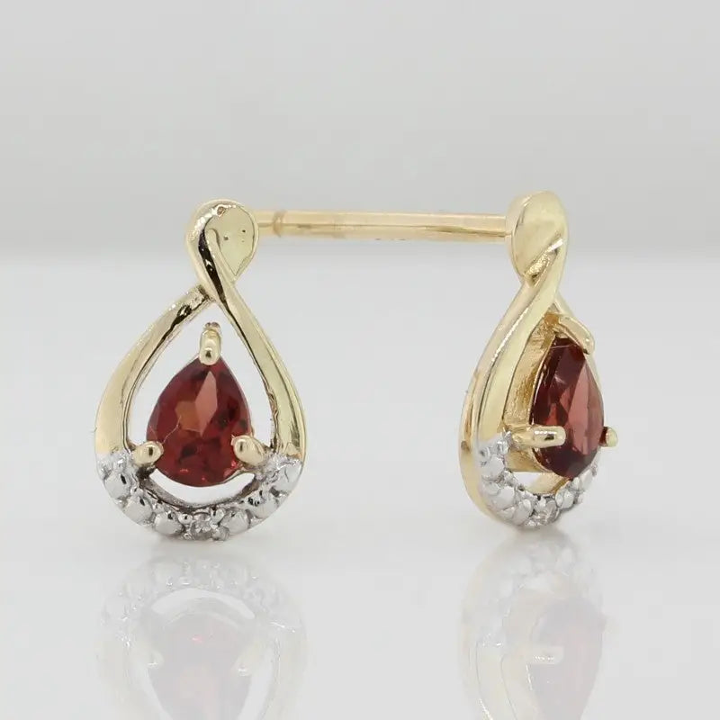 9 Carat Yellow Gold Pear Shaped Garnet & Diamond Stud Drop Earrings