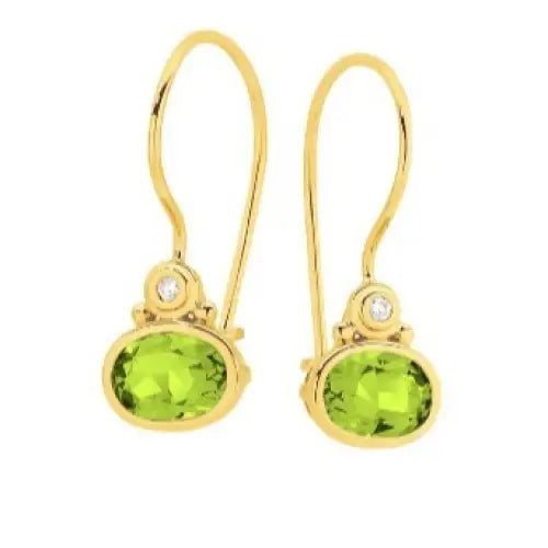 9 carat Yellow Gold Peridot 7x5mm Oval Bezel Set & Diamond Earrings