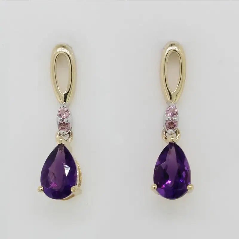 9 Carat Yellow Gold & Rhodium Plate Amethyst & Diamond Stud Drops