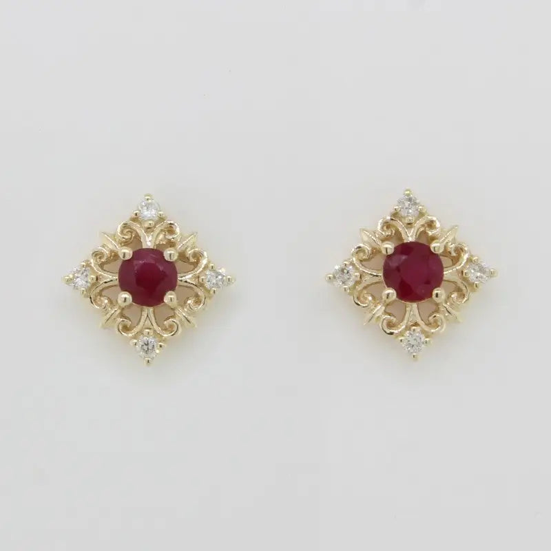 9 Carat Yellow Gold Ruby & Diamond Filagree Earrings