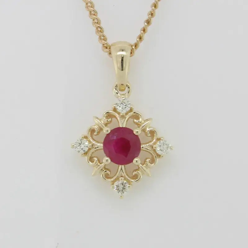 9 Carat Yellow Gold Ruby & Diamond Filigree Pendant