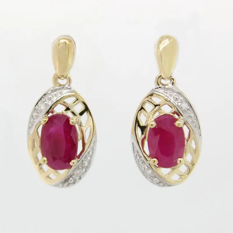 9 Carat Yellow Gold Ruby & Diamond Stud Drops