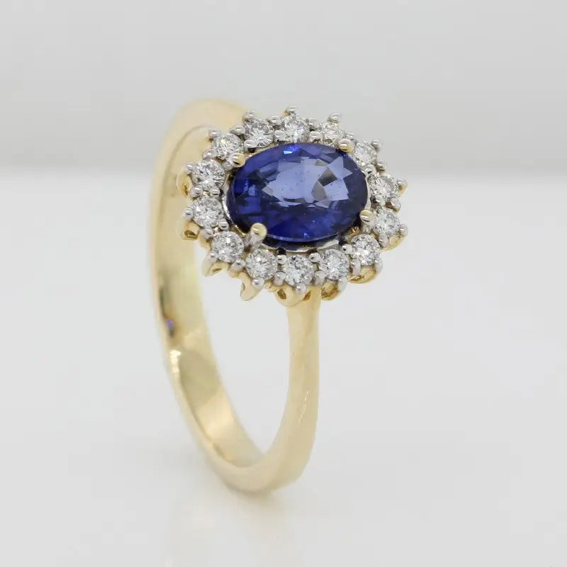 9 Carat Yellow Gold Sapphire 1.02 Carat & Lab Grown Diamond Halo Dress Ring