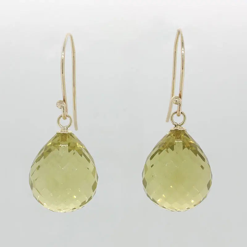 9 Carat Yellow Gold Shepherd Hook 15mm x 13mm Lemon Quartz  A+  Briolette Cut Drop Earrings