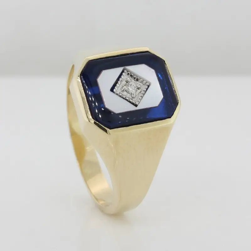 9 Carat Yellow Gold Synthetic Blue Spinel, Mother Of Pearl & Diamond Ring