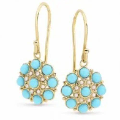 9 carat Yellow Gold Turquoise & Pearl Drop S/Hook E'Rings