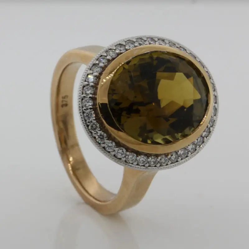 9 Carat Yellow & White Gold 6.95 carat Oval Burnt Gold Tourmaline & Diamond Dress Ring